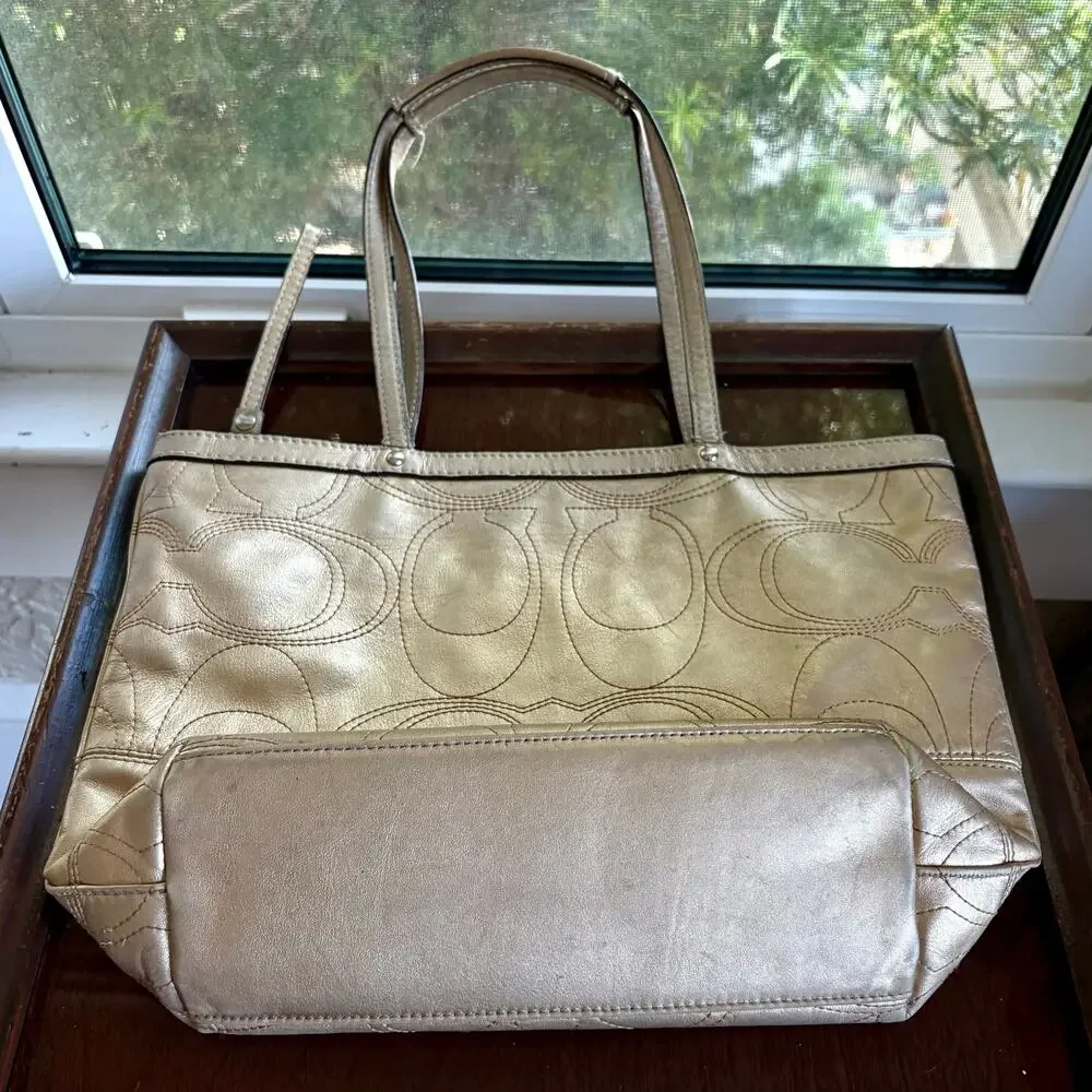 Coach F18877 Gold Metallic Signature Stitch Leather Tote 2011